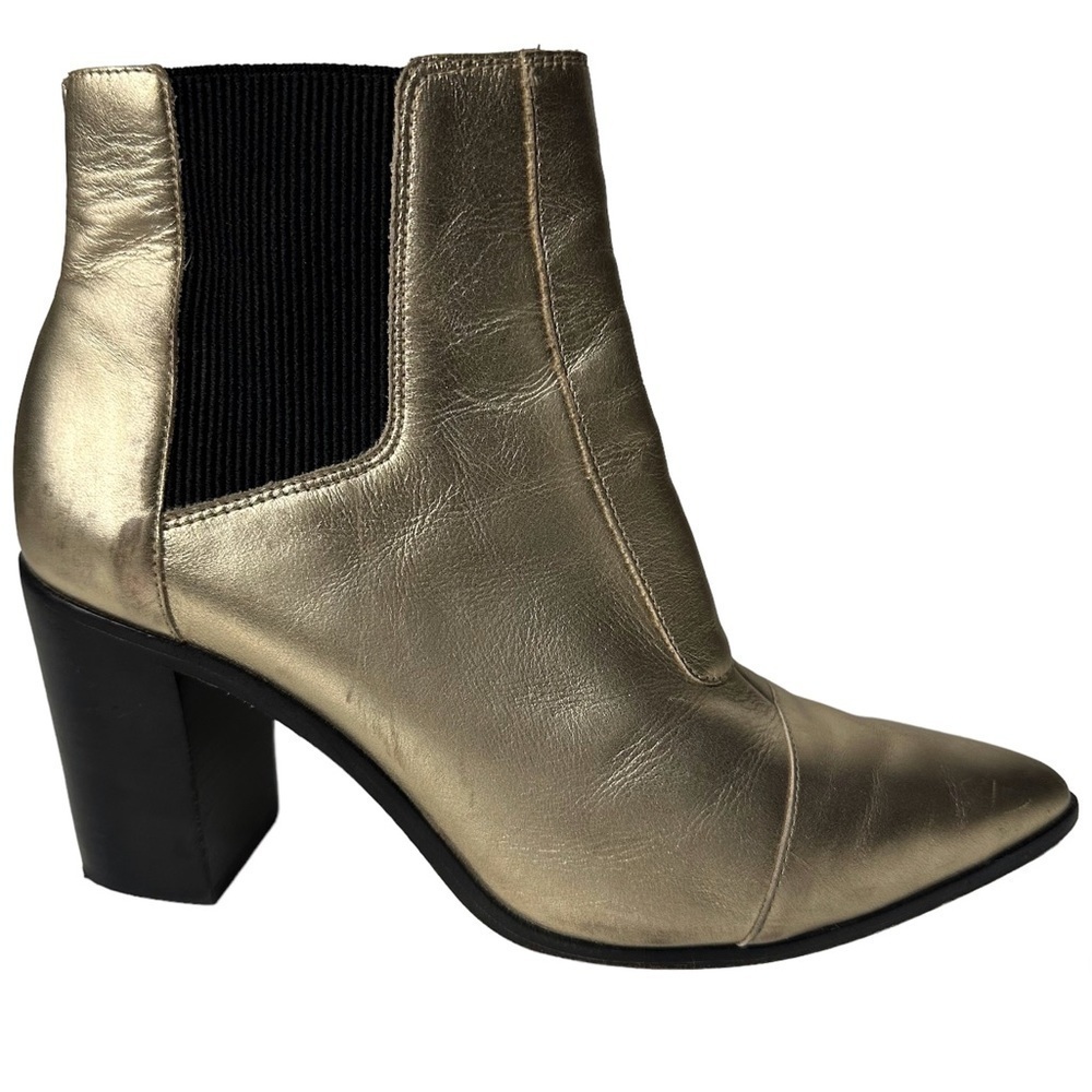 Schutz Happy Platina Gold Leather Chelsea Block Booties Pointed Toe‎ Formal